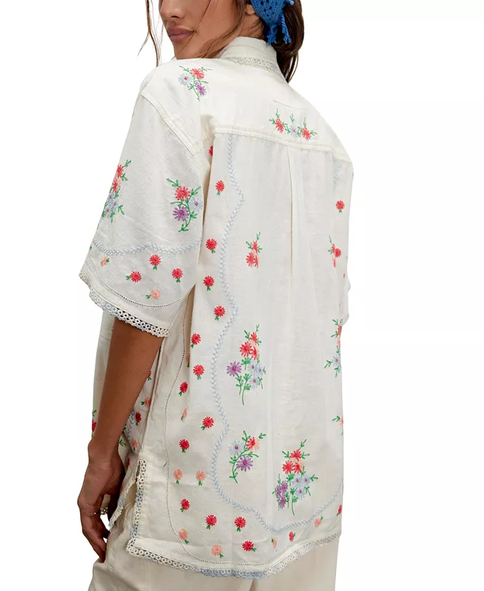 Alfani Free People Women's Emma Embroidered Cotton Linen Button-Front Shirt Women's Fashion Shoes & Accessories