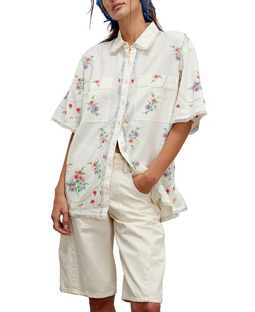 alfani Free People Women's Emma Embroidered Cotton Linen Button-Front Shirt Women's Fashion Shoes & Accessories