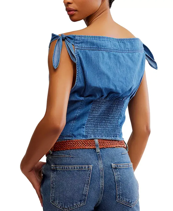 Alfani Free People Women's Louie Cotton Denim Tie-Shoulder Top Women's Fashion Shoes & Accessories