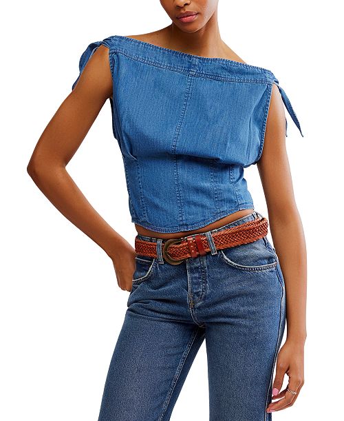 alfani Free People Women's Louie Cotton Denim Tie-Shoulder Top Women's Fashion Shoes & Accessories