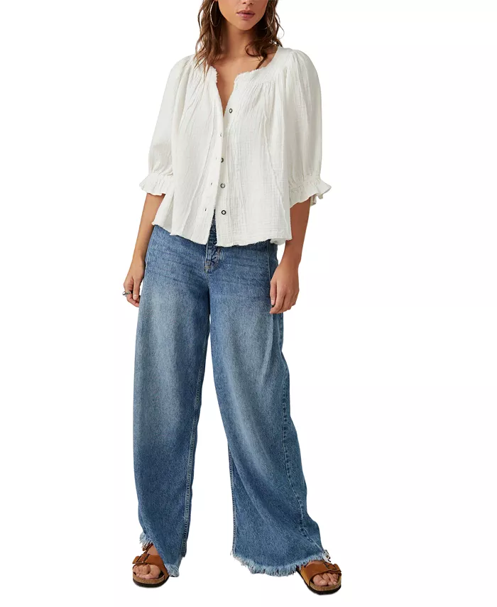 Alfani Free People Women's Lucy Cotton Button-Front Swing Blouse Women's Fashion Shoes & Accessories