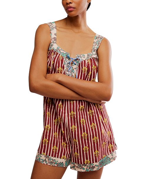 alfani Free People Women's Port Au Prince Printed Cotton Sleeveless Romper Women's Fashion Shoes & Accessories