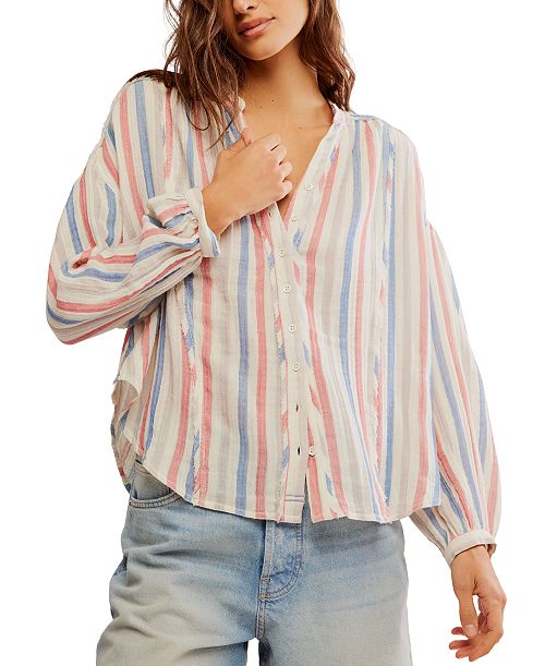 alfani Free People Women's Striped Valley Double-Cloth Shirt Women's Fashion Shoes & Accessories