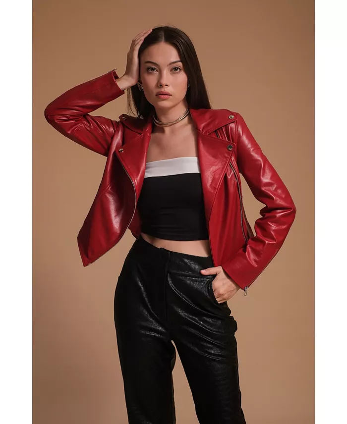Alfani Furniq UK Women's Leather Jacket Red Created For Macy's Women's Fashion Shoes & Accessories