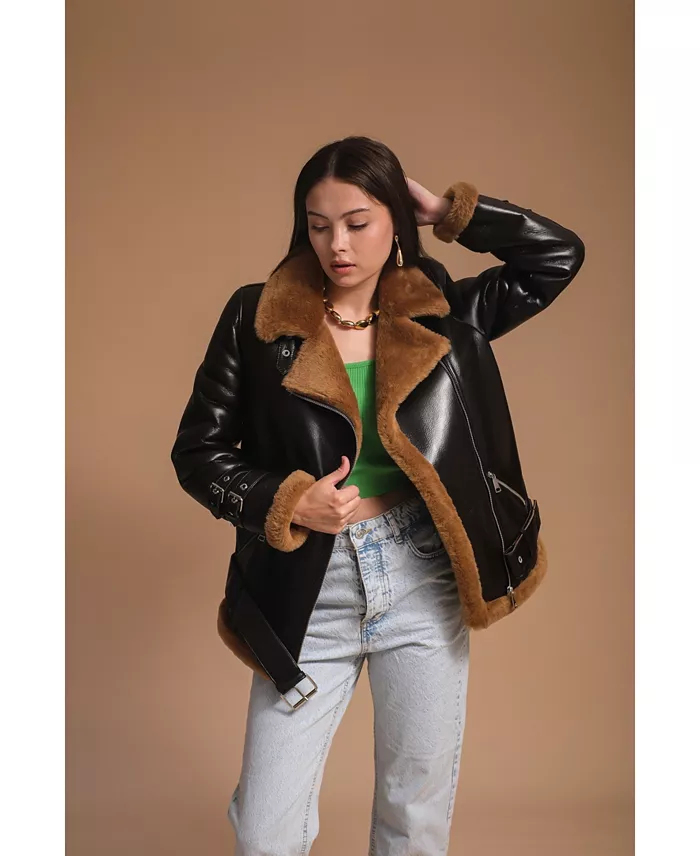 Alfani Furniq UK Women's Leather Sheepskin Jacket Brown Created For Macy's Women's Fashion Shoes & Accessories