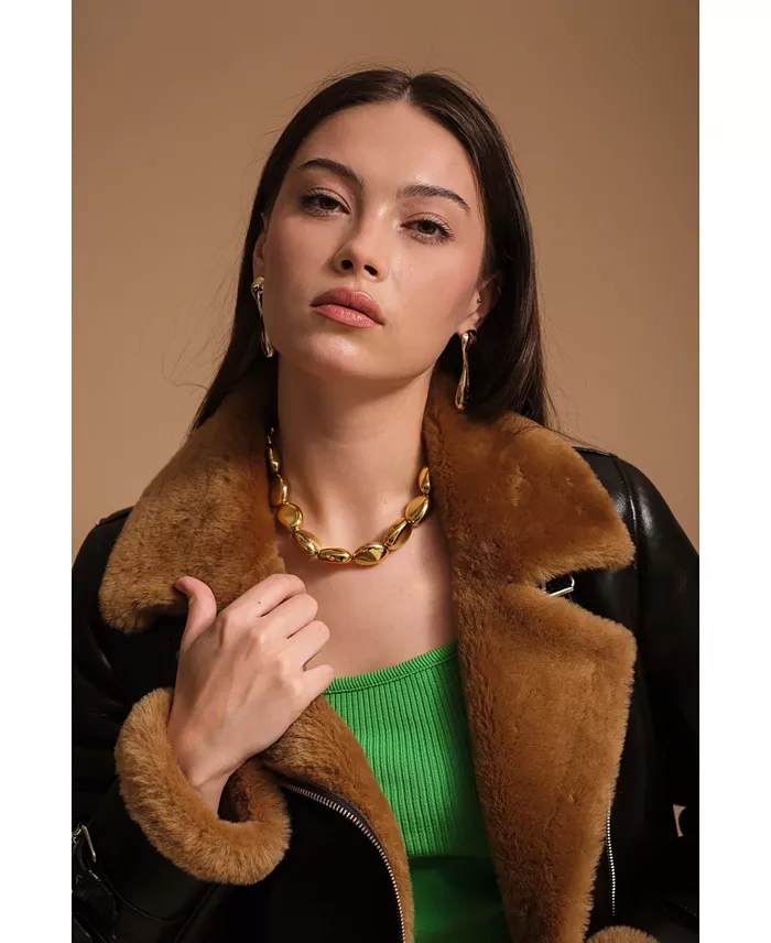 Alfani Furniq UK Women's Leather Sheepskin Jacket Brown Created For Macy's Women's Fashion Shoes & Accessories