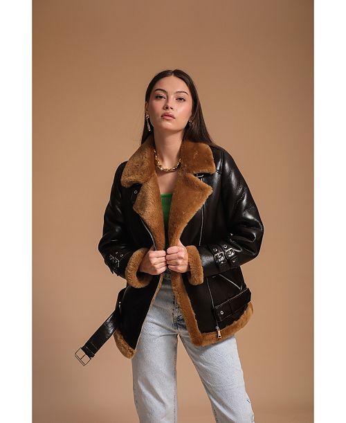 alfani Furniq UK Women's Leather Sheepskin Jacket Brown Created for Macy's Women's Fashion Shoes & Accessories