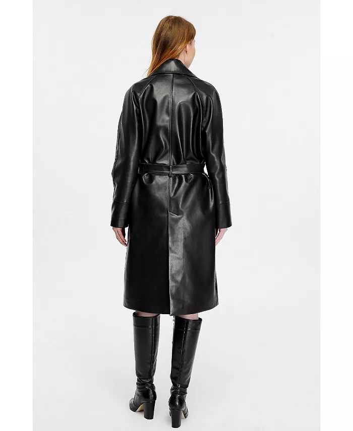 Alfani Furniq UK Women's Leather Trench Coat Black Women's Fashion Shoes & Accessories