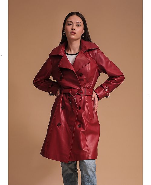 alfani Furniq UK Women's Leather Trench Coat Burgundy Created for Macy's Women's Fashion Shoes & Accessories