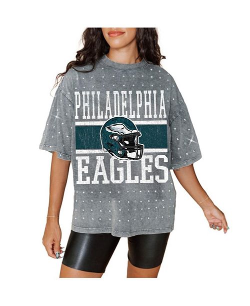 alfani Gameday Couture Women's Gray Philadelphia Eagles Oversized Mini Rhinestone Classic T-Shirt Sports Fan Shop