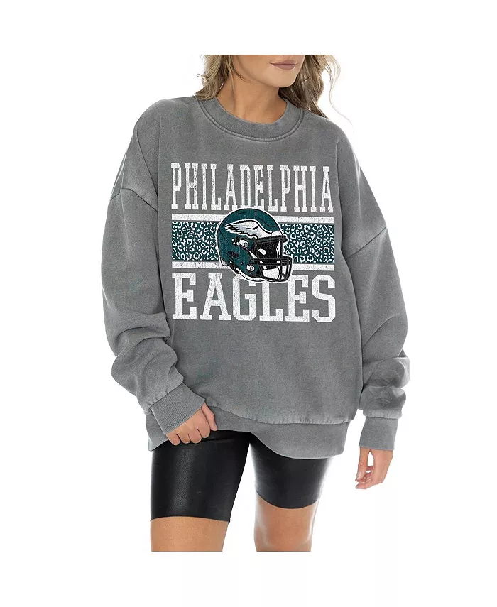 Alfani Gameday Couture Women's Gray Philadelphia Eagles Vintage Wash Oversized Crewneck Fleece Pullover Sports Fan Shop