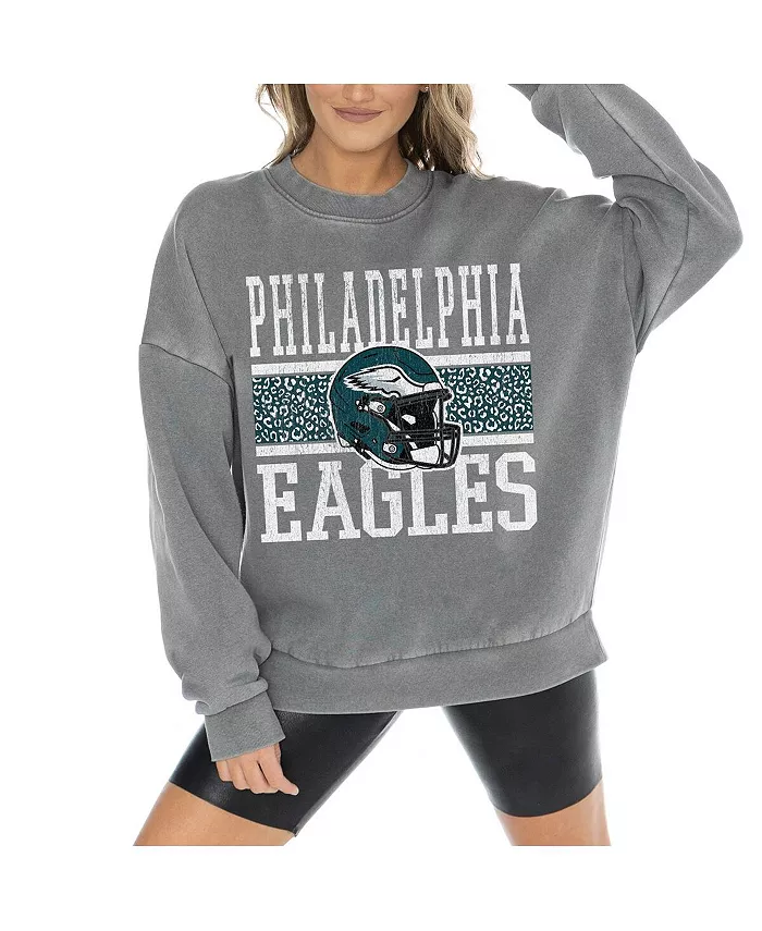 Alfani Gameday Couture Women's Gray Philadelphia Eagles Vintage Wash Oversized Crewneck Fleece Pullover Sports Fan Shop