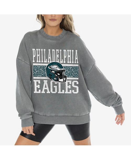 alfani Gameday Couture Women's Gray Philadelphia Eagles Vintage Wash Oversized Crewneck Fleece Pullover Sports Fan Shop