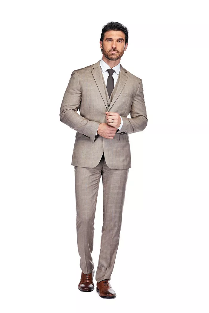 Alfani Gino Vitale Men's 3 Piece Slim Fit Brown Check Suit Men's Fashion & Accessories