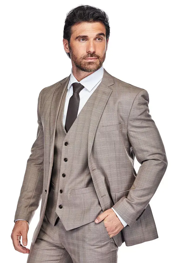 Alfani Gino Vitale Men's 3 Piece Slim Fit Brown Check Suit Men's Fashion & Accessories