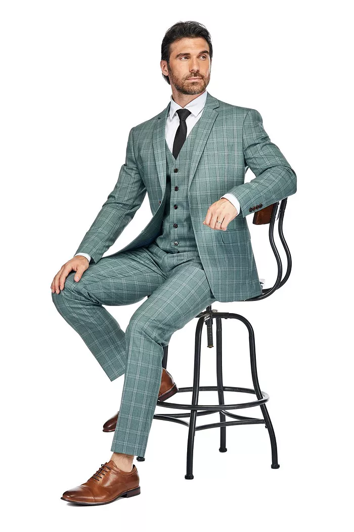 Alfani Gino Vitale Men's 3 Piece Slim Fit Green Plaid Suit Men's Fashion & Accessories