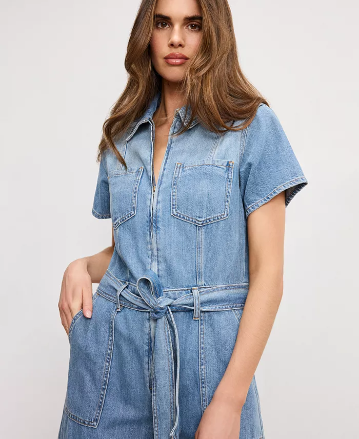 Alfani Good American Women's Fit For Success Denim Cropped Jumpsuit Women's Fashion Shoes & Accessories