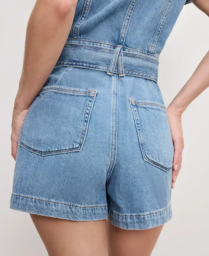 Alfani Good American Women's Fit For Success Lite Denim Short-Sleeve Romper Women's Fashion Shoes & Accessories