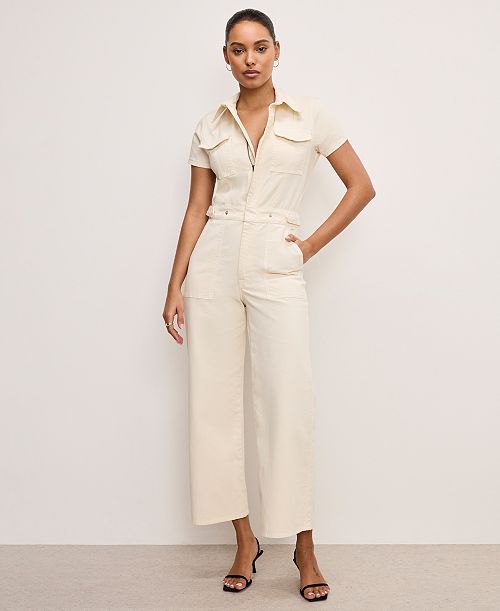alfani Good American Women's Fit For Success Twill Palazzo Cropped Jumpsuit Women's Fashion Shoes & Accessories