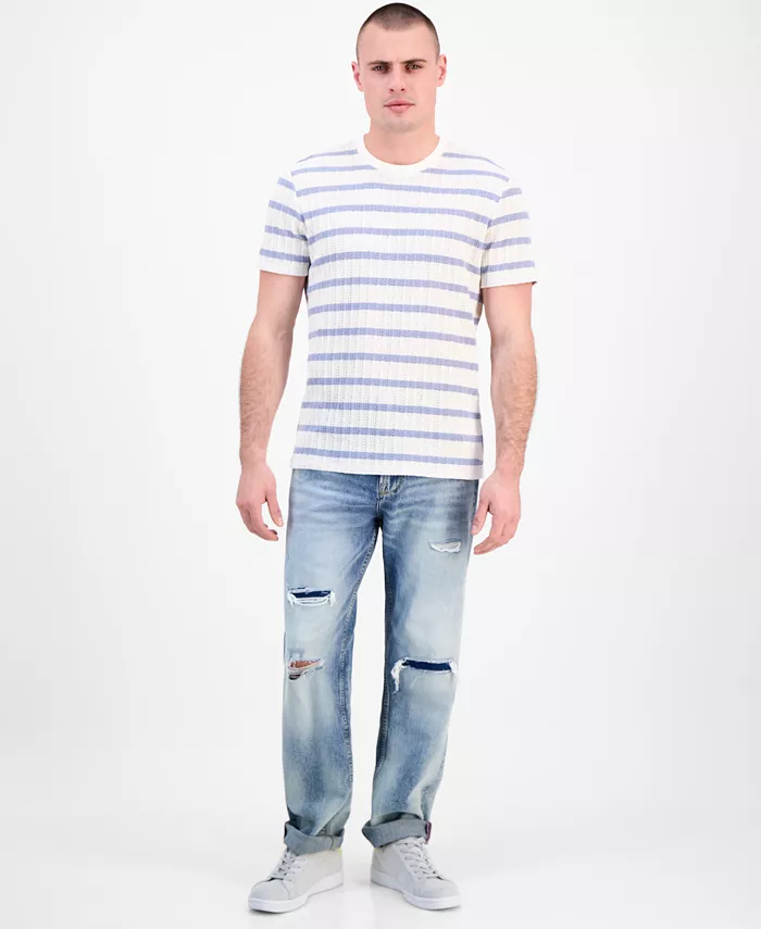 GUESS Men's Elon Short Sleeve Textured Striped Crewneck T-Shirt Men's Fashion & Accessories