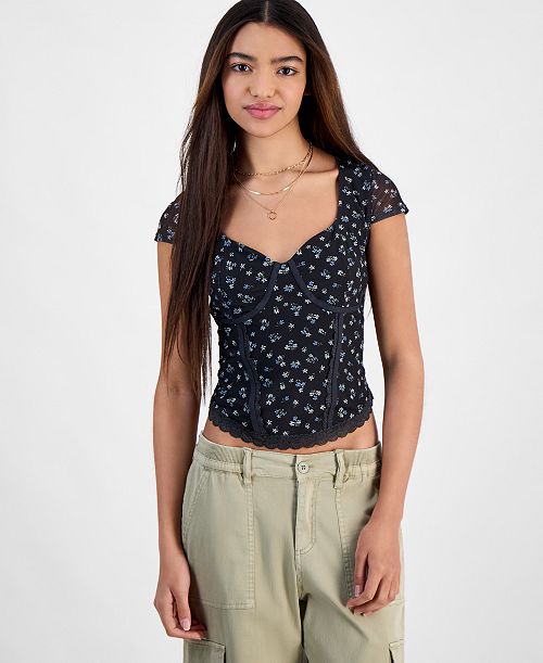 alfani Hippie Rose Juniors' Corset Short-Sleeve Mesh Top Juniors'