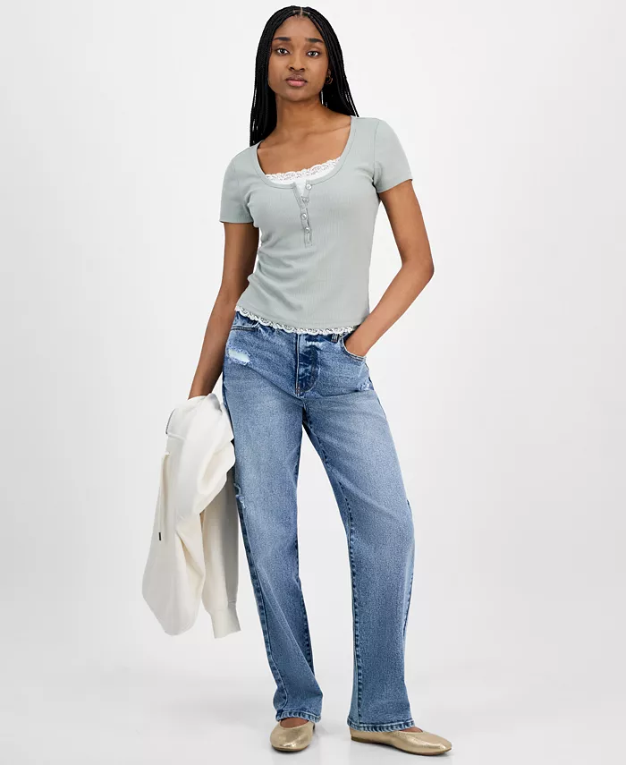 Alfani Hippie Rose Juniors' Lace-Trim Layered Henley T-Shirt Juniors'