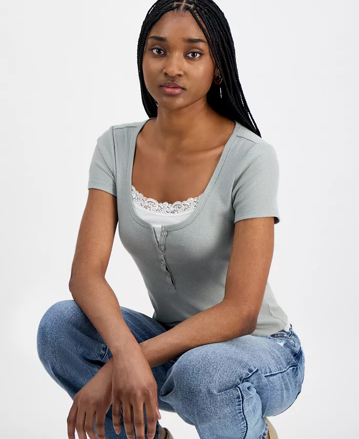Alfani Hippie Rose Juniors' Lace-Trim Layered Henley T-Shirt Juniors'