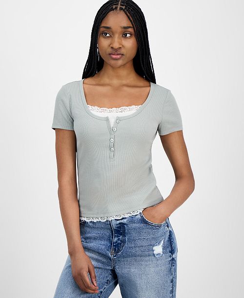 alfani Hippie Rose Juniors' Lace-Trim Layered Henley T-Shirt Juniors'