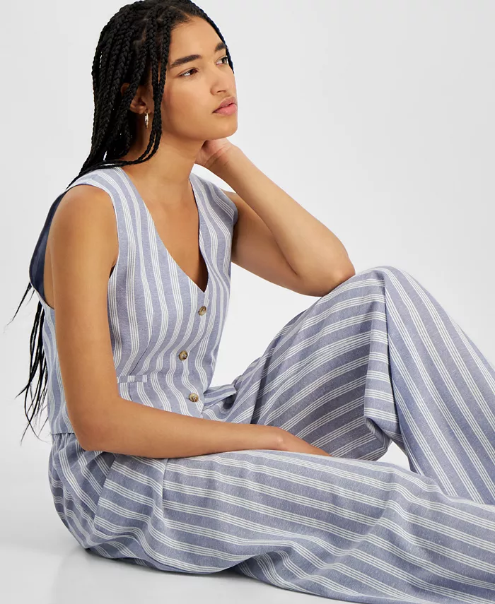 Alfani Hippie Rose Juniors' Linen-Like Blend Three-Button Vest & Drawstring-Waist Pants Juniors'