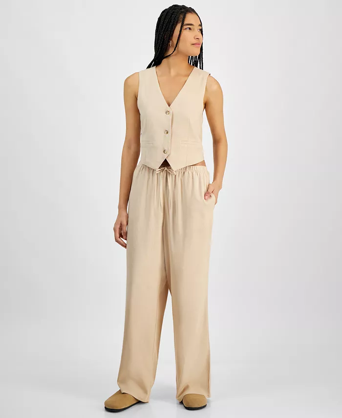 Alfani Hippie Rose Juniors' Linen-Like Blend Three-Button Vest & Drawstring-Waist Pants Juniors'