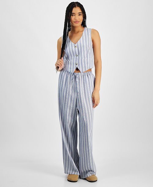 alfani Hippie Rose Juniors' Linen-Like Blend Three-Button Vest & Drawstring-Waist Pants Juniors'