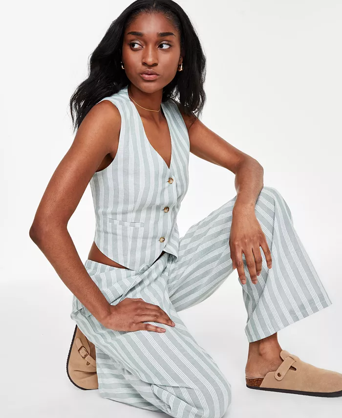 Alfani Hippie Rose Juniors' Striped Vest & Striped Wide-Leg Drawstring Pants Juniors'