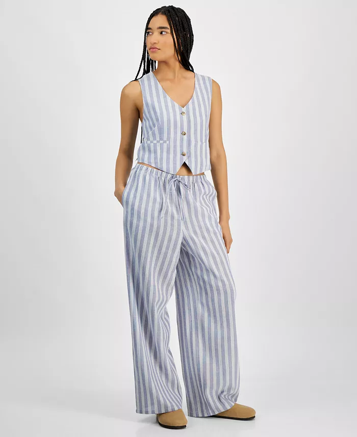 Alfani Hippie Rose Juniors' Striped Wide-Leg Drawstring Linen-Blend Pants Juniors'