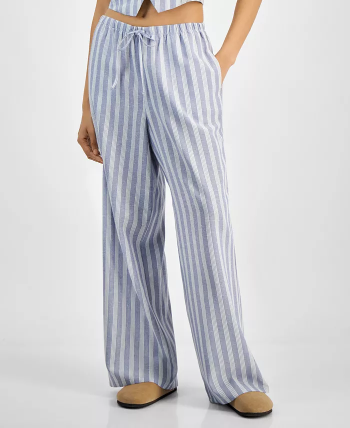Alfani Hippie Rose Juniors' Striped Wide-Leg Drawstring Linen-Blend Pants Juniors'