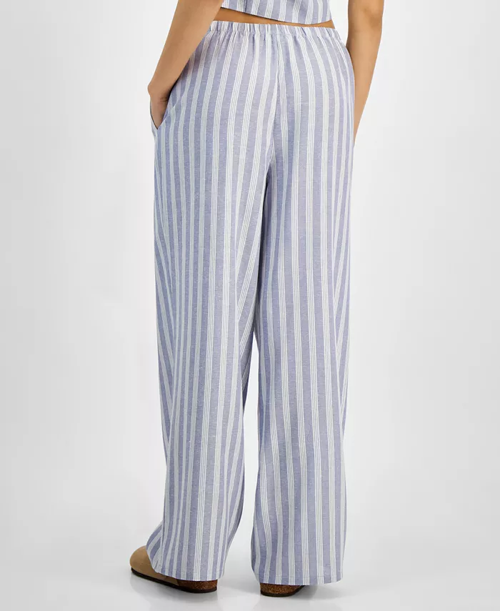 Alfani Hippie Rose Juniors' Striped Wide-Leg Drawstring Linen-Blend Pants Juniors'