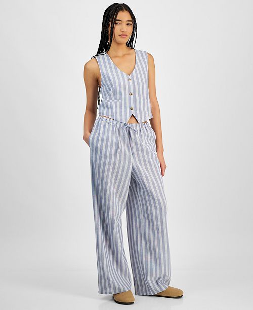 alfani Hippie Rose Juniors' Striped Wide-Leg Drawstring Linen-Blend Pants Juniors'