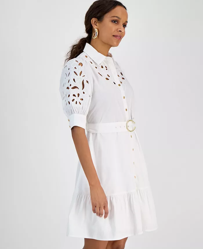 Alfani I.N.C. International Concepts Petite Belted Eyelet Mini Dress Exclusively At Macy's Women's Fashion Shoes & Accessories