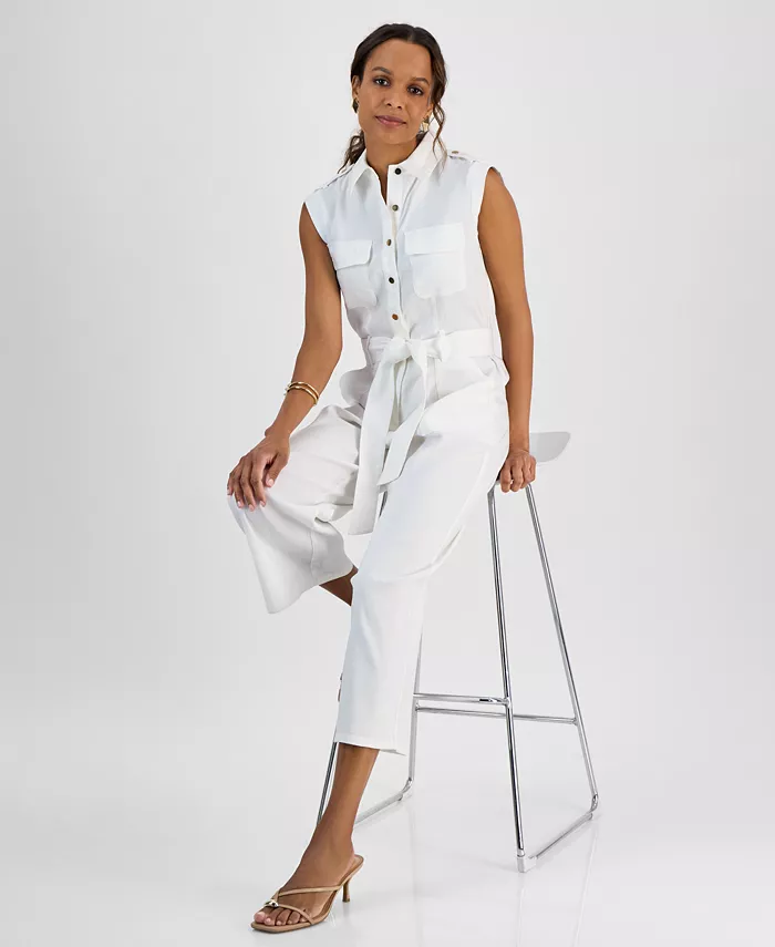 Alfani I.N.C. International Concepts Petite Linen-Blend Sleeveless Button-Front Jumpsuit Created For Macy's Women's Fashion Shoes & Accessories