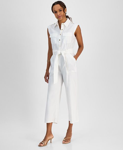 alfani I.N.C. International Concepts Petite Linen-Blend Sleeveless Button-Front Jumpsuit Created for Macy's Women's Fashion Shoes & Accessories