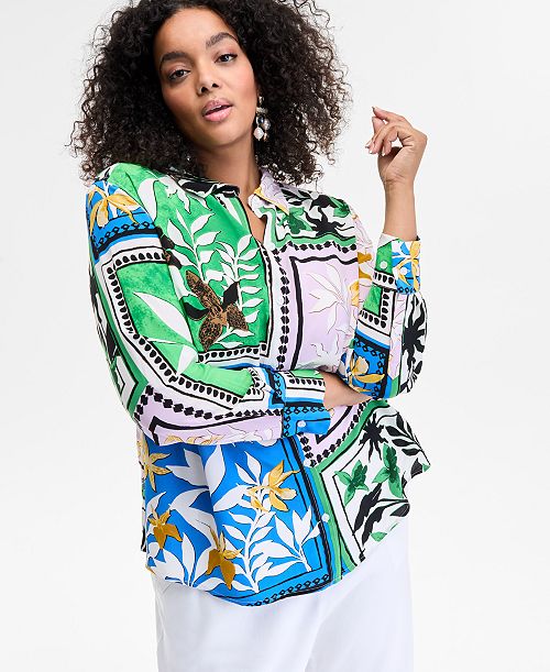 alfani I.N.C. International Concepts Plus Size Mixed-Print Blouse Exclusively at Macy's Women's Fashion Shoes & Accessories