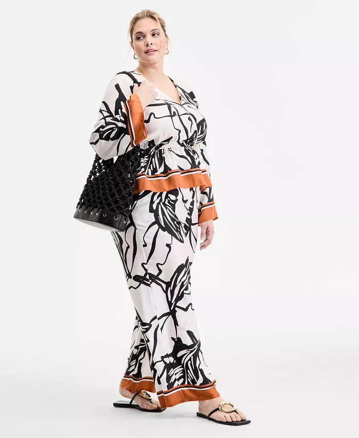 Alfani I.N.C. International Concepts Plus Size Printed Volume-Sleeve Peplum Top & Printed High-Rise Wide-Leg Pants Plus Sizes