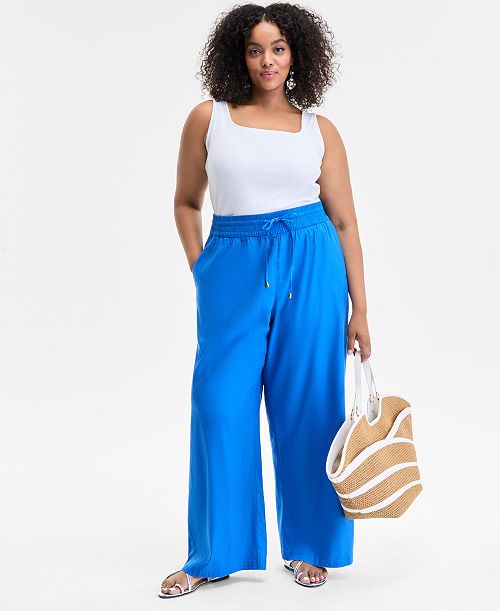 alfani I.N.C. International Concepts Plus Size Solid Drawstring Wide-Leg Pants Exclusively at Macy's Women's Fashion Shoes & Accessories