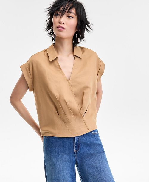 alfani I.N.C. International Concepts Women's Collared Cap-Sleeve Surplice Top Exclusively at Macy's Women's Fashion Shoes & Accessories