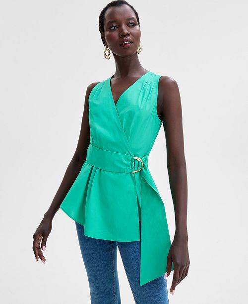 alfani I.N.C. International Concepts Women's Cotton Belted Blouse Exclusively at Macy's Women's Fashion Shoes & Accessories