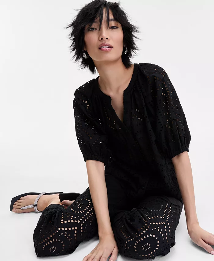 Alfani I.N.C. International Concepts Women's Cotton Eyelet Puff-Sleeve Blouse Exclusively At Macy's Women's Fashion Shoes & Accessories
