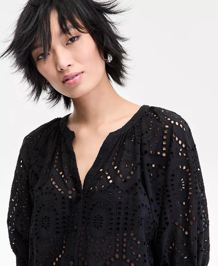 Alfani I.N.C. International Concepts Women's Cotton Eyelet Puff-Sleeve Blouse Exclusively At Macy's Women's Fashion Shoes & Accessories