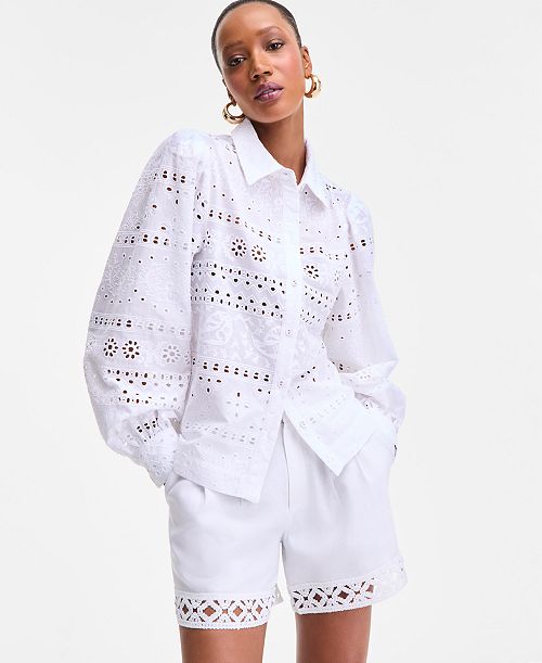 alfani I.N.C. International Concepts Women's Cotton Eyelet Blouson-Sleeve Blouse Exclusively at Macy's Women's Fashion Shoes & Accessories