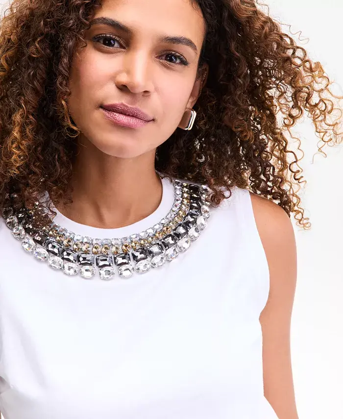 Alfani I.N.C. International Concepts Women's Embellished-Neckline Cotton Tank Top Exclusively At Macy's Women's Fashion Shoes & Accessories