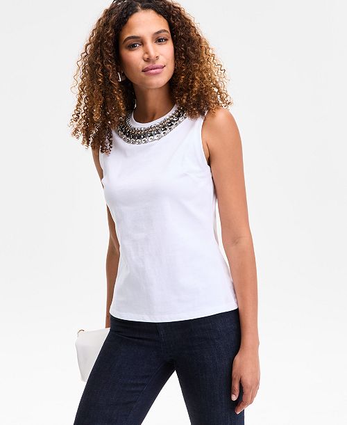 alfani I.N.C. International Concepts Women's Embellished-Neckline Cotton Tank Top Exclusively at Macy's Women's Fashion Shoes & Accessories