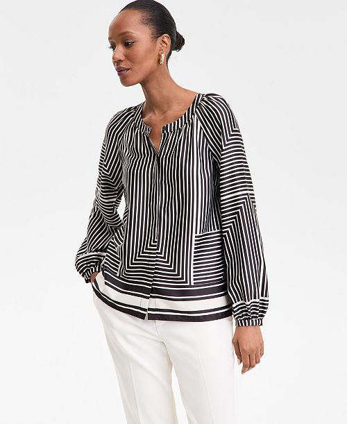 alfani I.N.C. International Concepts Women's Geo-Print Split-Neck Blouse Exclusively at Macy's Women's Fashion Shoes & Accessories